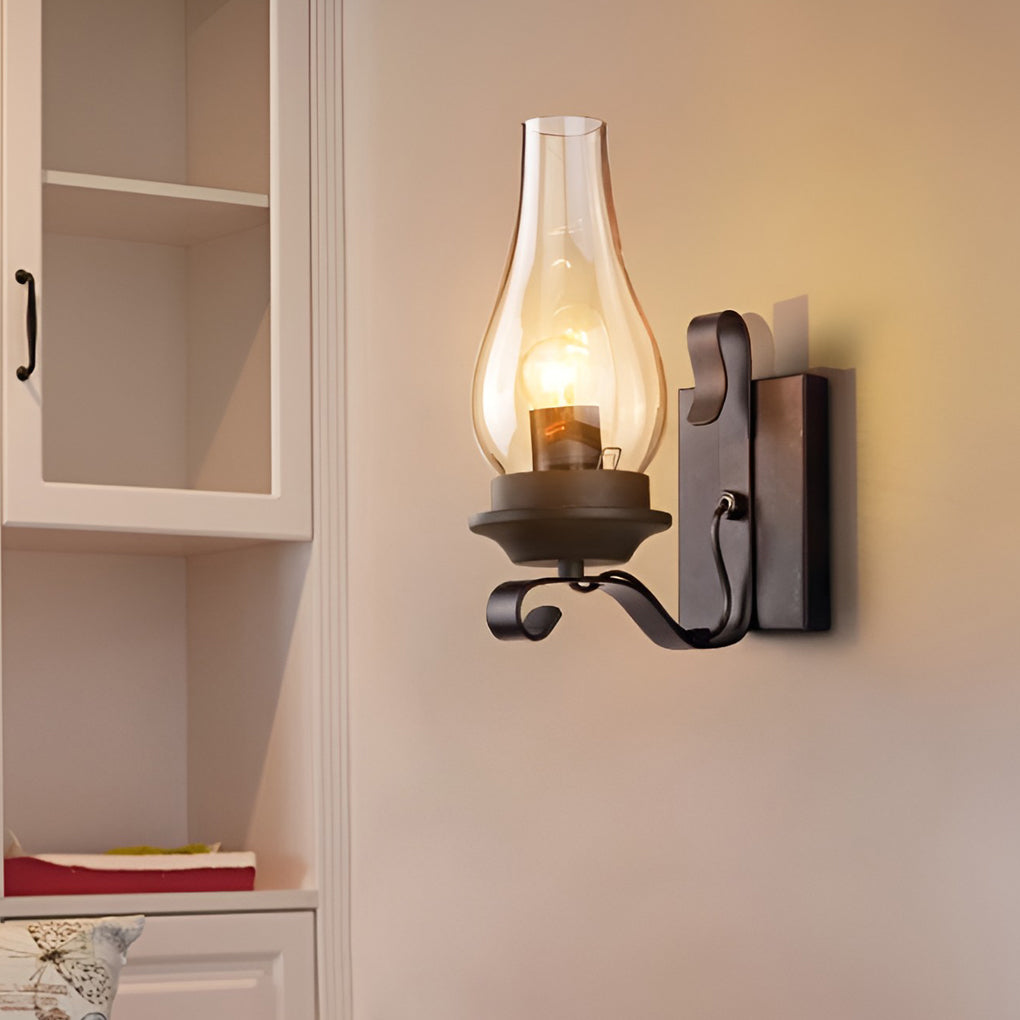 Industrial Retro Wall Sconce — Black Iron, E27, Blown Glass Shade, 8" × 12"