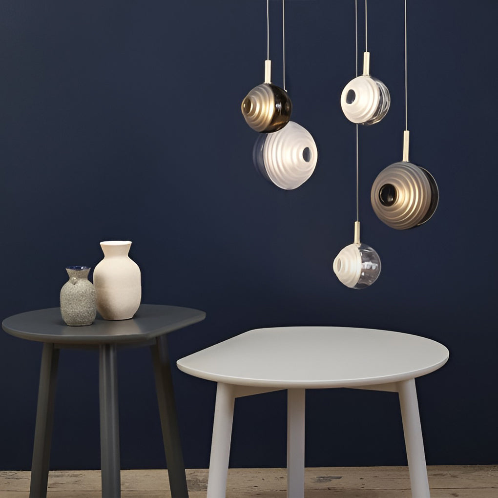 Modern Round Glass Mini Pendant — Iron, Smoke Gray or Transparent, Kitchen Island / Dining