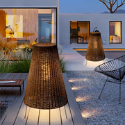 Rustic Modern Outdoor Floor Lamp — Woven Rattan Shade, Iron Tripod Base, 1-Light, IP65, 25" × 37"