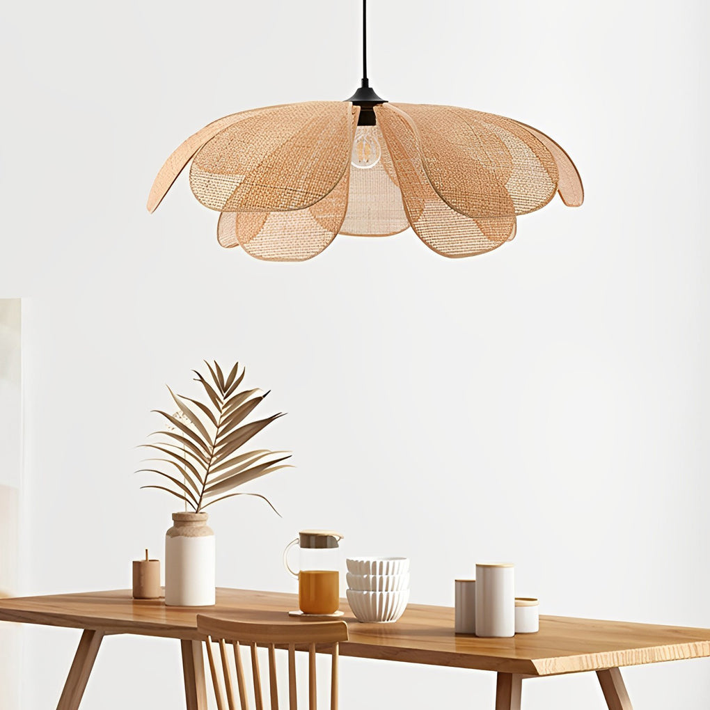 Rattan Flower Petal Chandelier — Wicker, 23.6" Diameter, Three-Step Dimming (3000K/4500K/6000K)