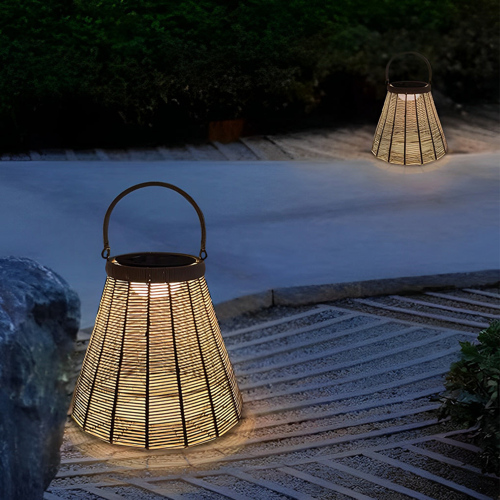 Retro Solar Outdoor Lantern — Iron and Rattan, LED, IP65 Weatherproof, 13" × 14"