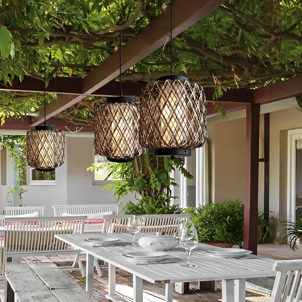 Rustic Modern Outdoor Hanging Chandelier — Iron and Rattan, E27, 10.2" Diameter, Waterproof