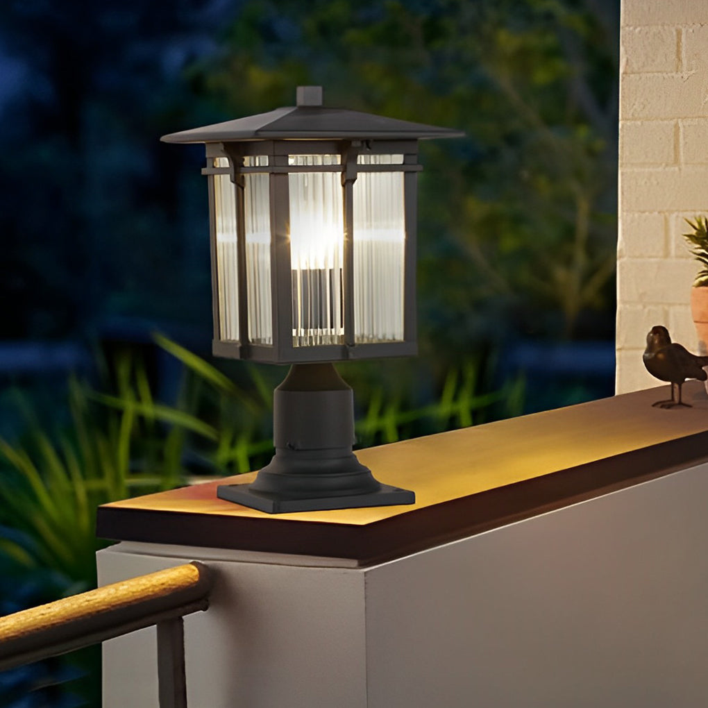 Modern Industrial Outdoor Post Light — Black Die-Cast Aluminum, Striped Glass Shade, E27 LED, IP23 Waterproof