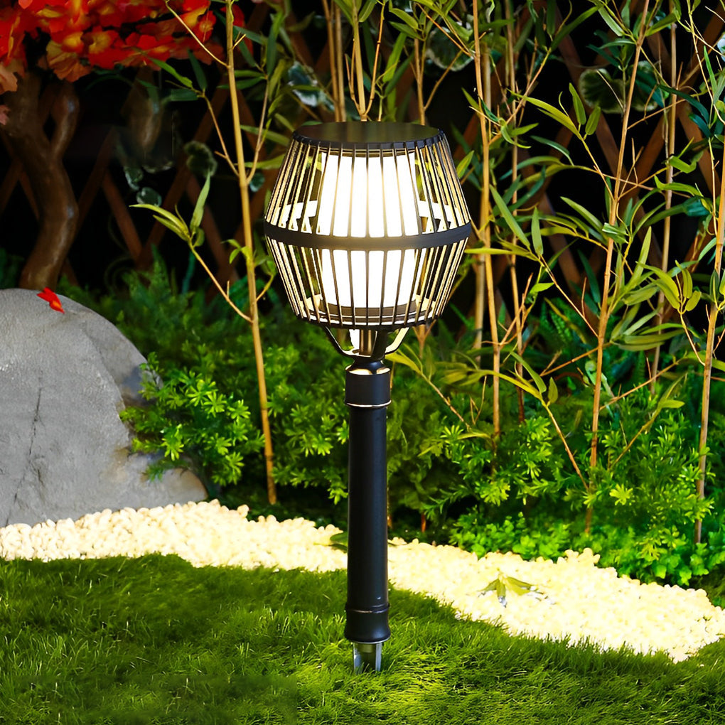 Caged Solar Outdoor Path Lantern — Matte Black Die-Cast Aluminum, COB LED, Warm White 3000K, Solar / Electric, Weatherproof