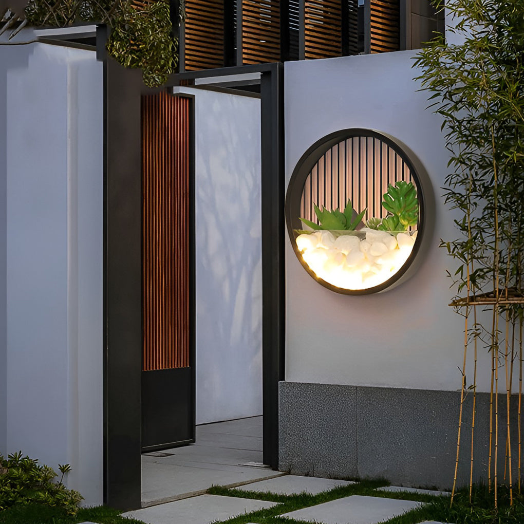 Modern Outdoor Wall Sconce with Artificial Stone and Plant Landscape — Iron, 18W LED, Round, 8"/12"/20"