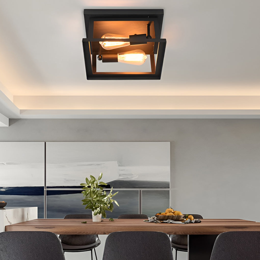 Square Industrial Flush-Mount Ceiling Light — Black Iron, Retro, 11" x 11"
