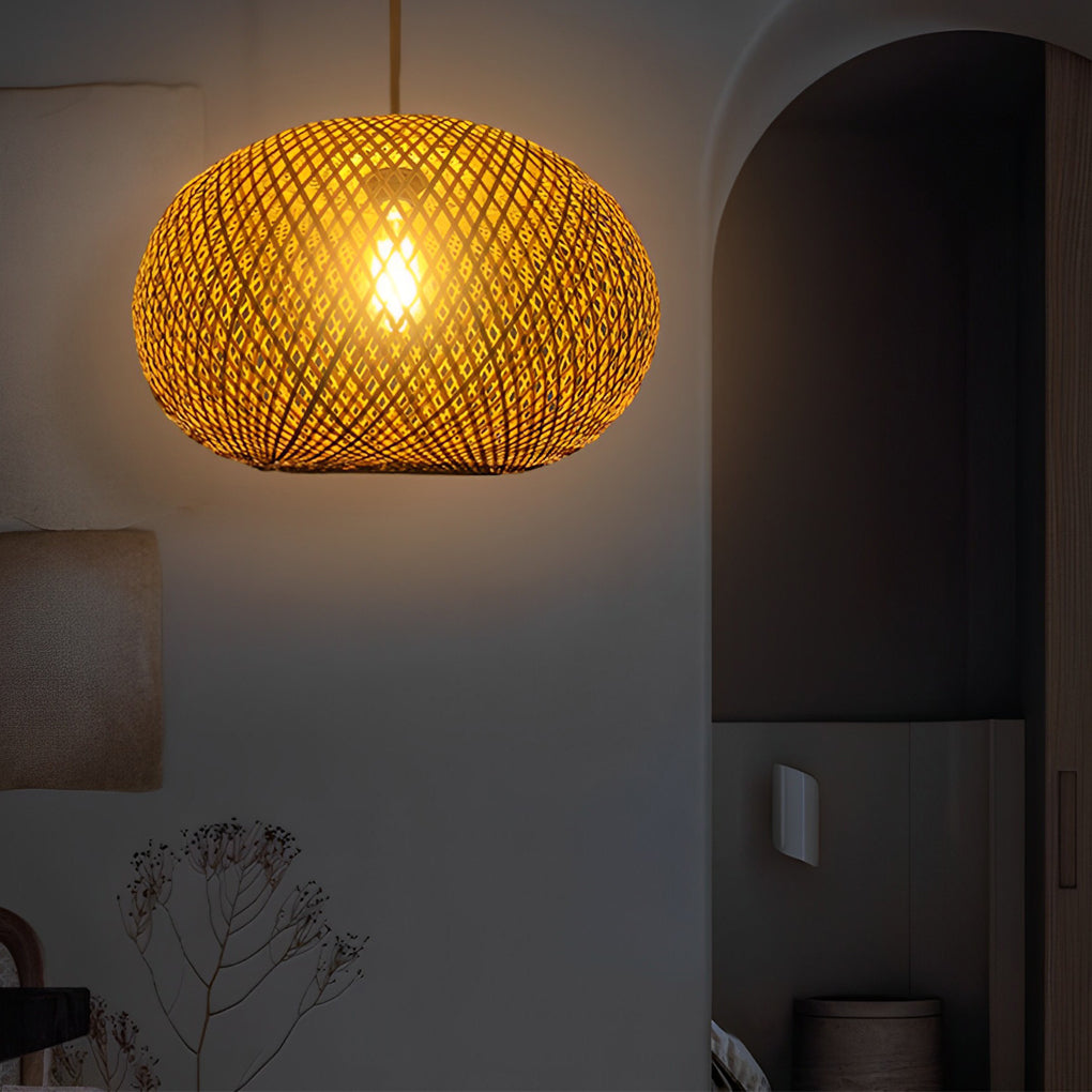 Round Hand-Woven Bamboo Rattan Chandelier — Rustic Modern, 17" Diameter, E26/E27