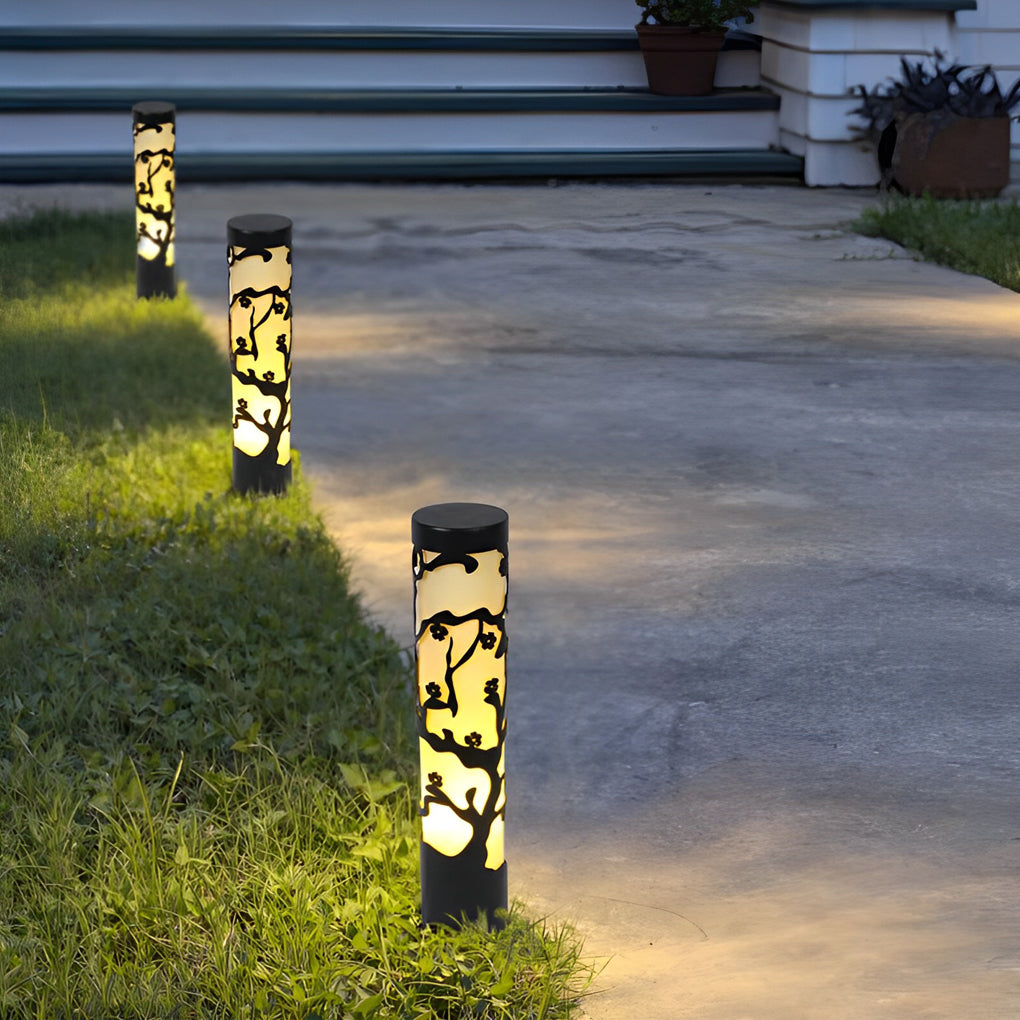 Wintersweet Plum Blossom Pathway Bollard Light — Black Galvanized Steel, LED, IP65, 24" Height