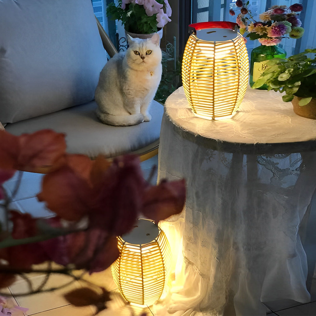 Rustic Modern Solar Outdoor Lantern — Hand-Woven Rattan, LED, IP54 Waterproof, Portable