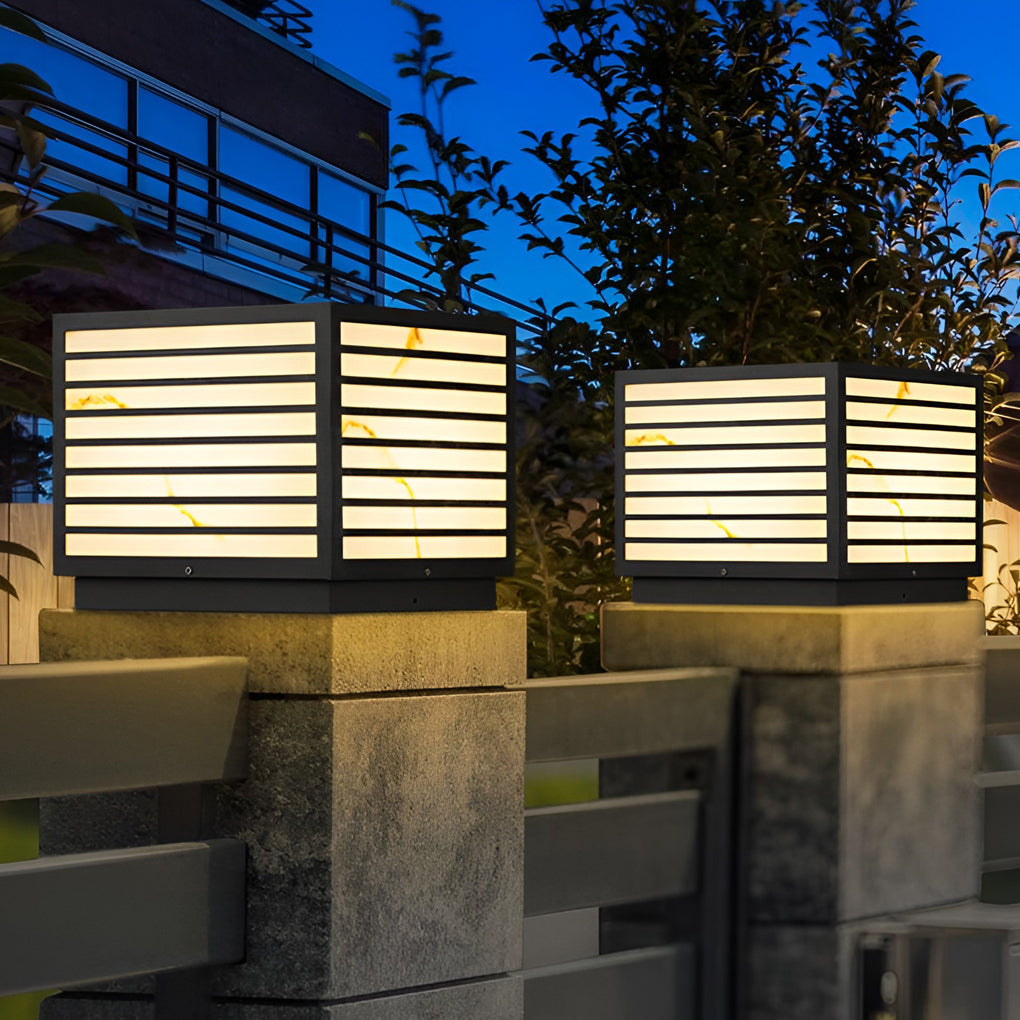 Modern Square Outdoor Pillar Post Light — Stainless Steel, Faux Marble, Solar / Hardwired, IP65