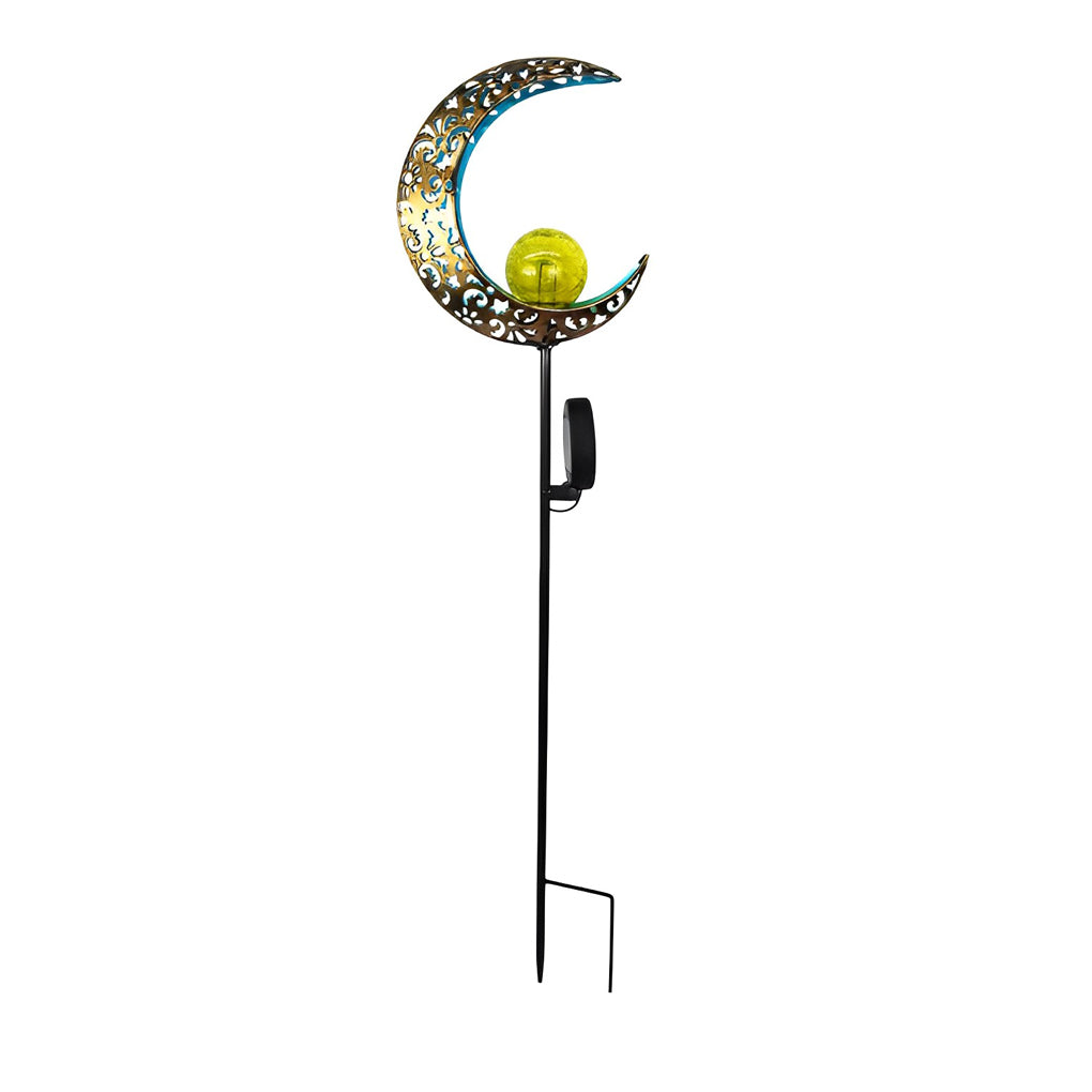 Moon, Sun & Flame Hollow Iron Solar Garden Stake Light — Cracked Glass Globe, LED, IP55 Weatherproof