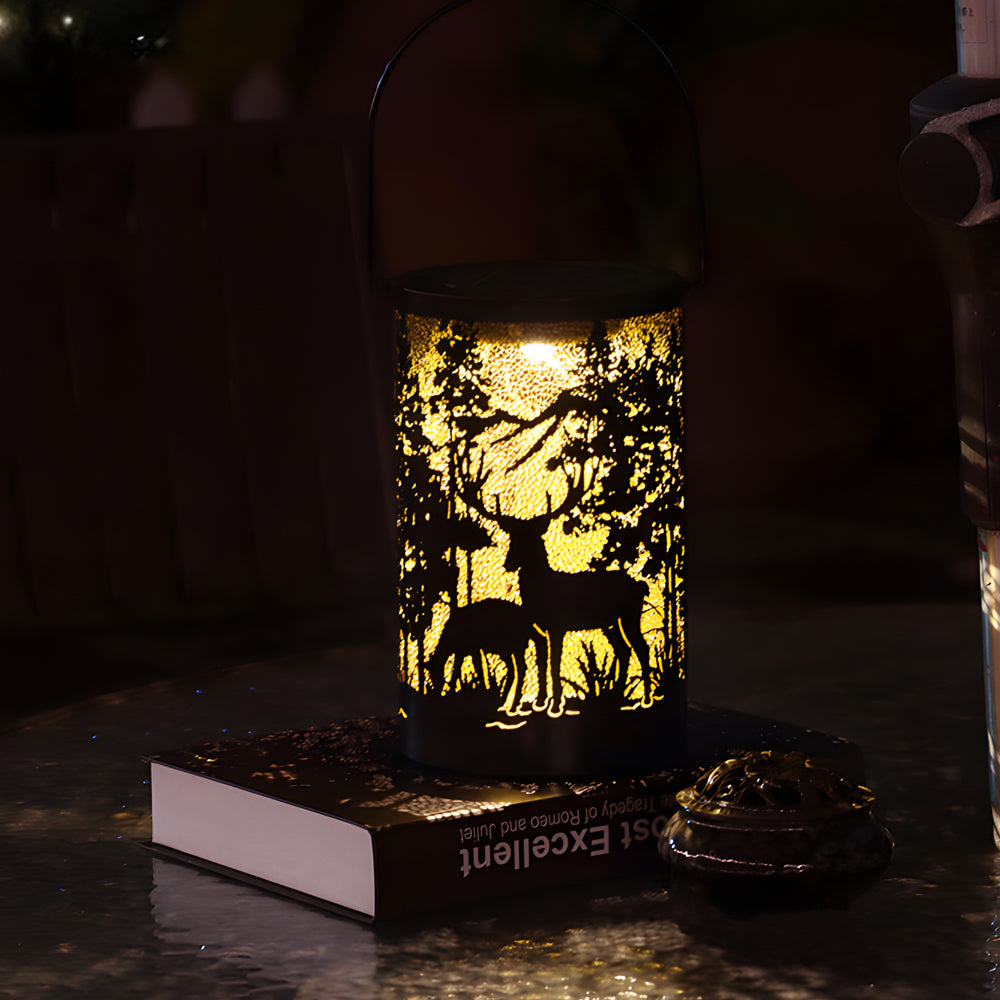 Iron Hollow Deer Silhouette Hanging Solar Lantern — Black, LED, IP65 Weatherproof, Warm White 3000K