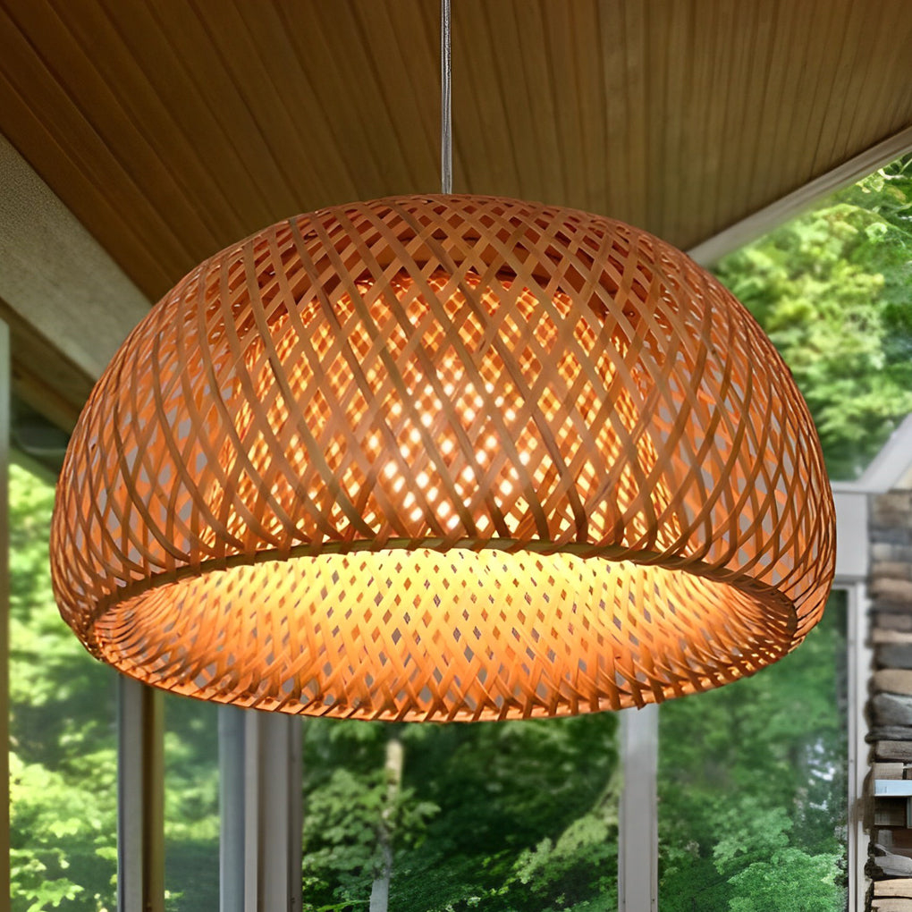 Hand-Woven Bamboo Lantern Chandelier — Rustic Modern, E27, Three-Step Dimming (3000K/4500K/6000K), 12"–18" Options