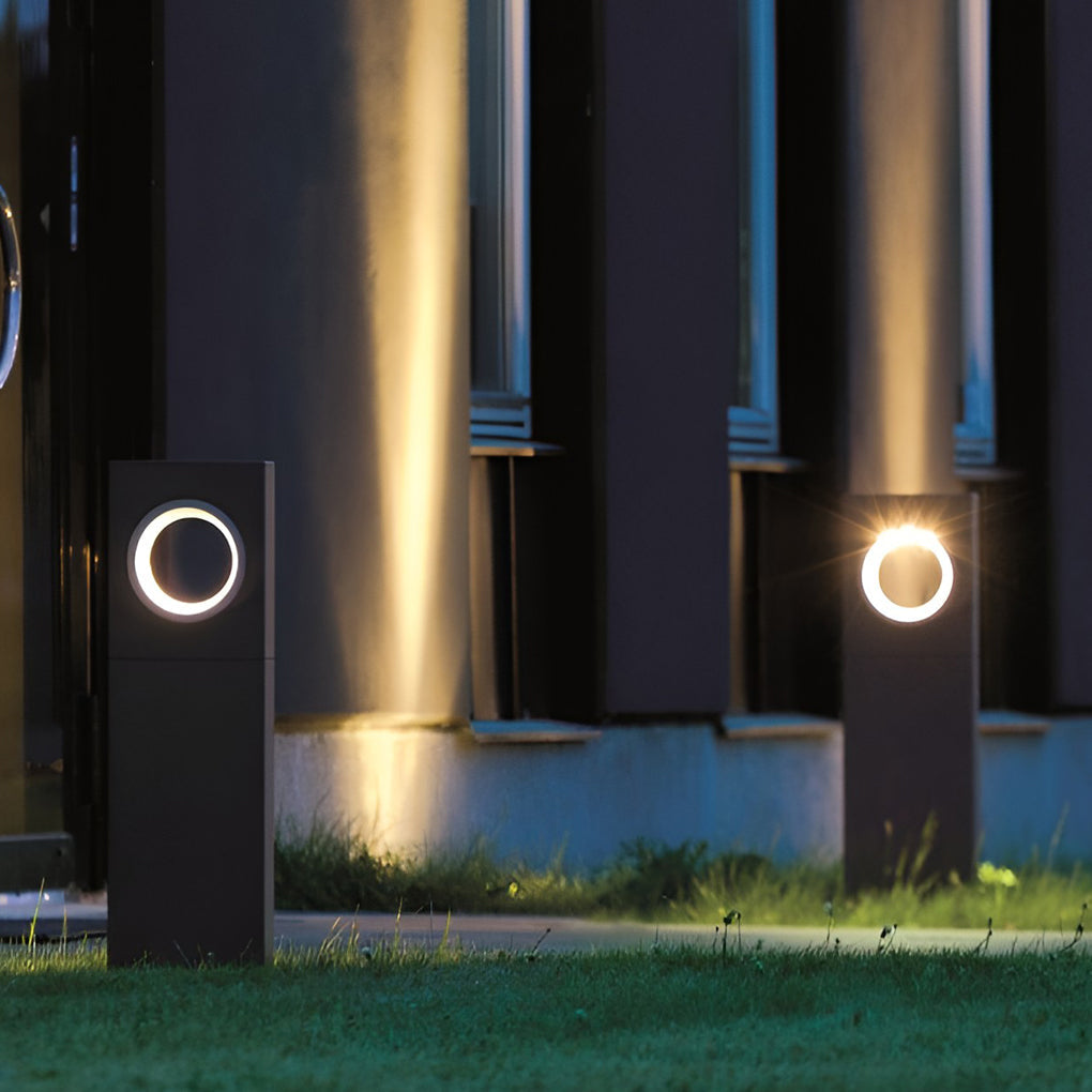 Modern Round-Hole Outdoor Bollard Light — Aluminum & Tempered Glass, 7W LED, IP54, Hardwired