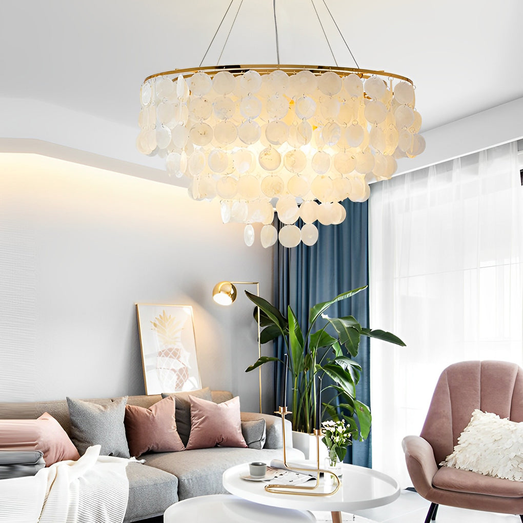 Modern Chandelier with Round Shell Pieces — Electroplated Iron, Gold, E27, 24" or 31" Diameter