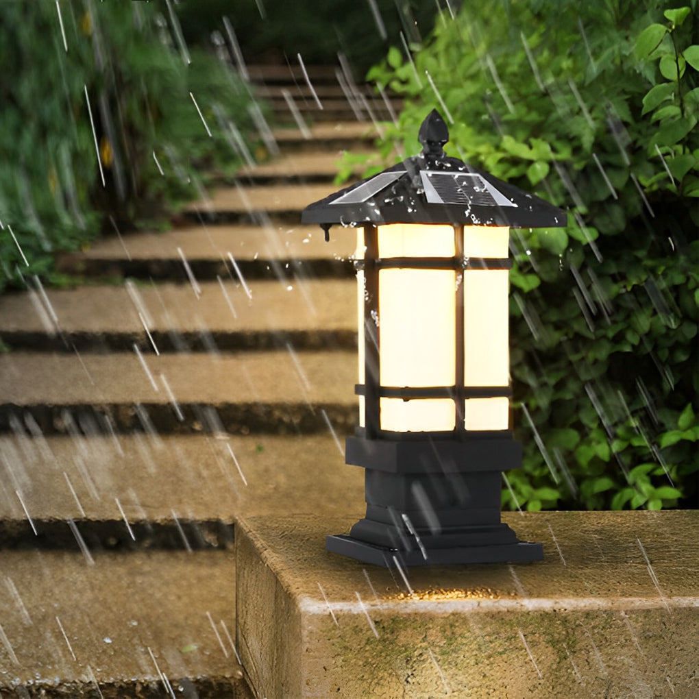 Black Vintage Solar Outdoor Post Light — Die-Cast Aluminum, 3000K Warm White, Dimmable, Remote Control, Waterproof
