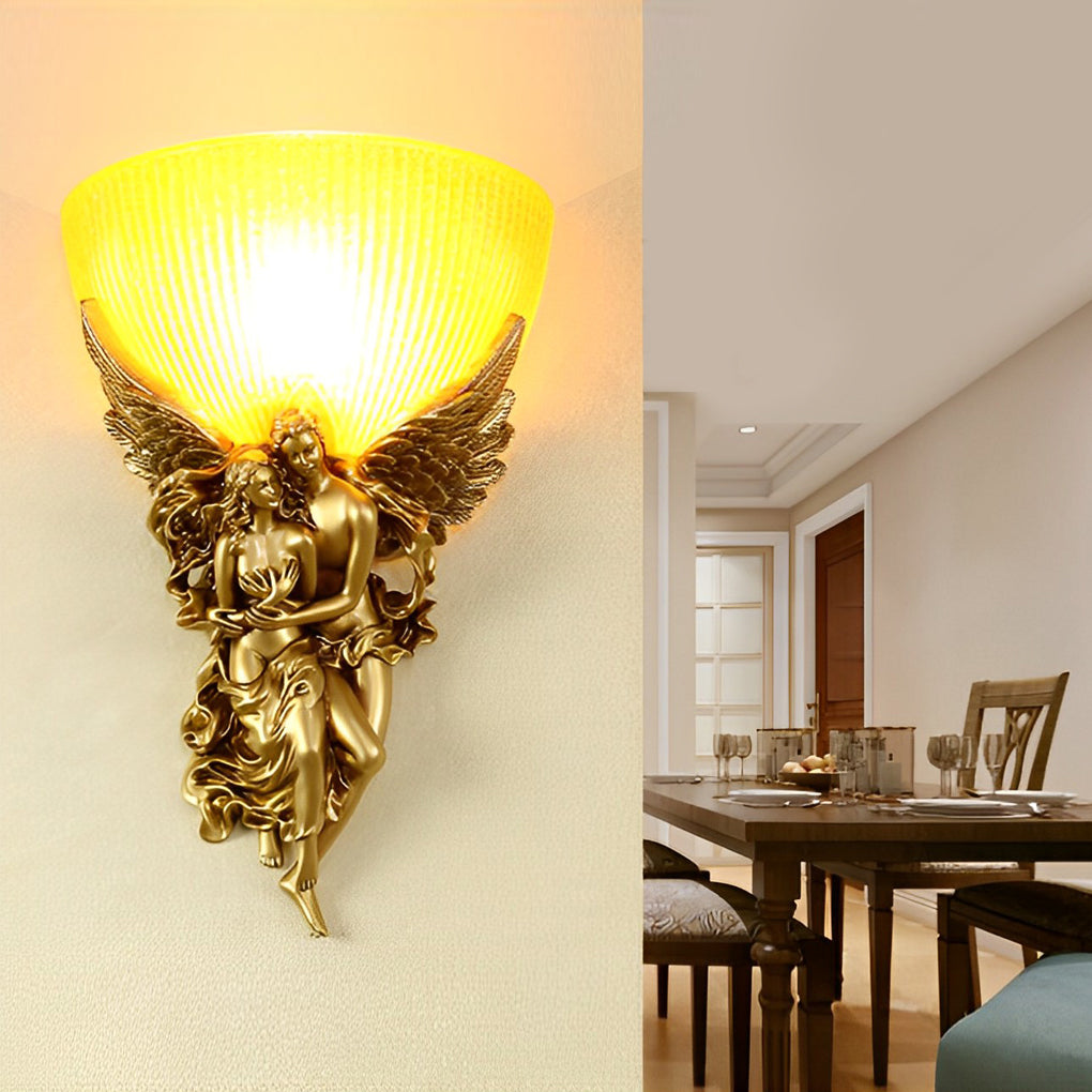 Retro 3D Angel Sculpture Wall Sconce — Resin and Glass, E27, 3000K Warm White, 9.6" × 14.6"
