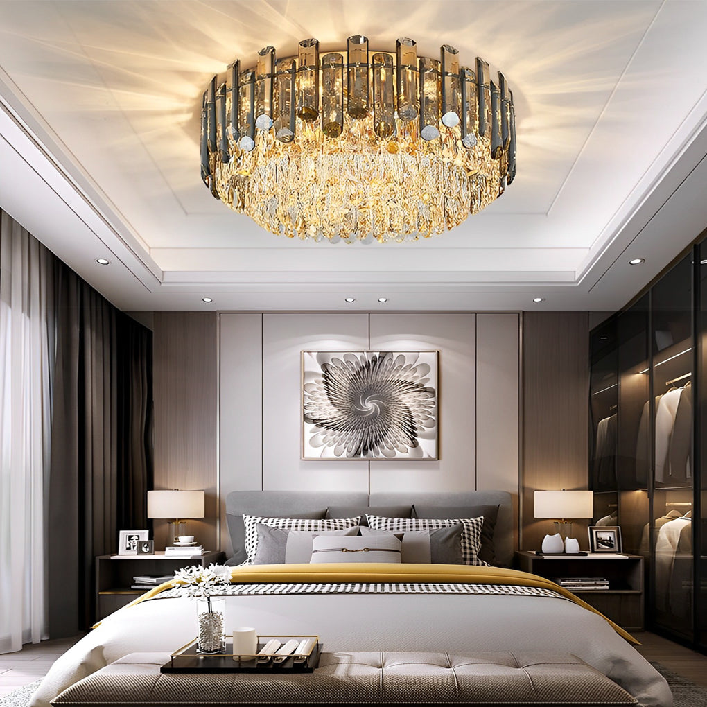Round Crystal Flush-Mount Ceiling Light — Metal and Iron, Three-Step Dimming, 3000K/4500K/6000K, 20"–39" Sizes