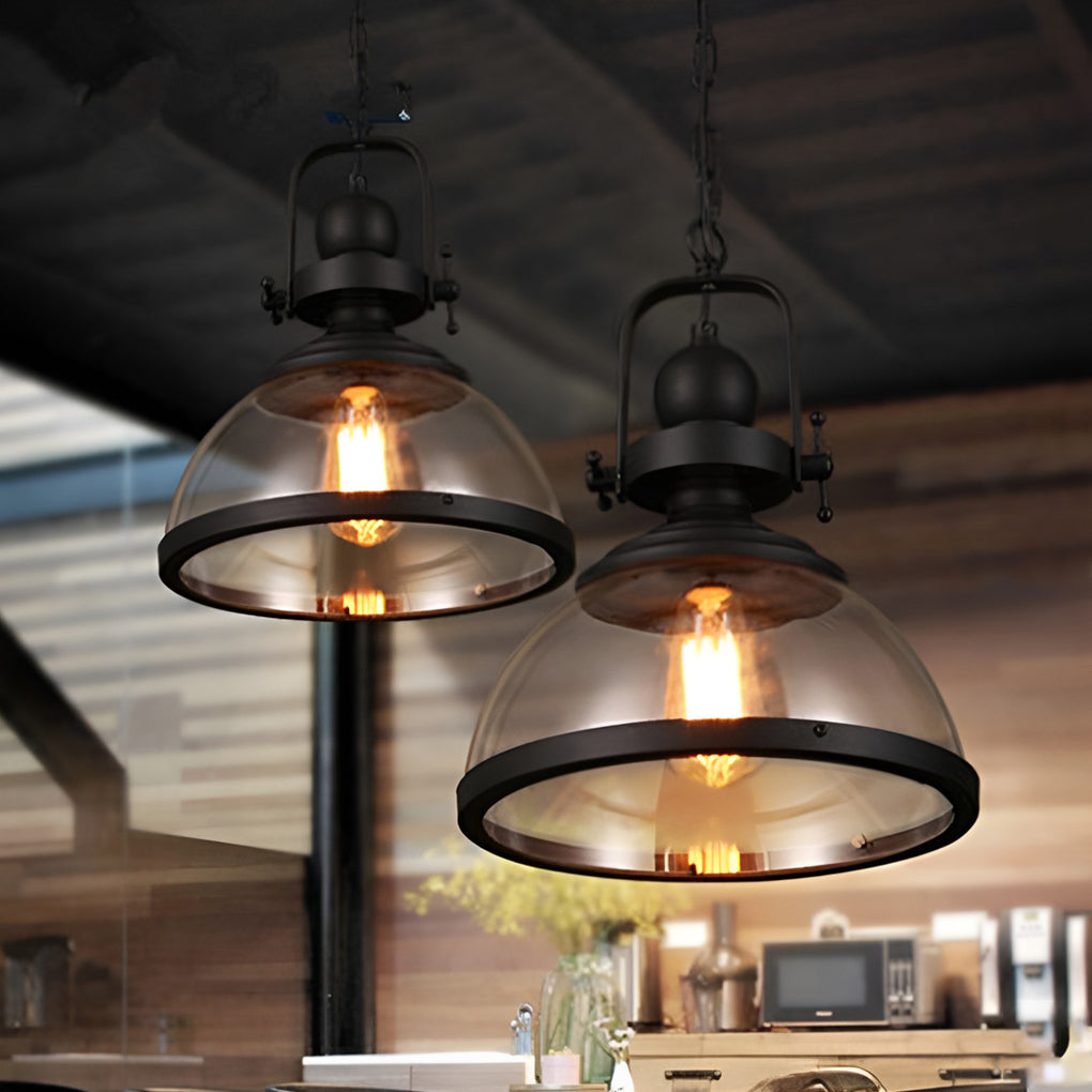 Retro Industrial Bowl Pendant Light — Iron and Antique Glass, E27, Hardwired, 12.2" Diameter