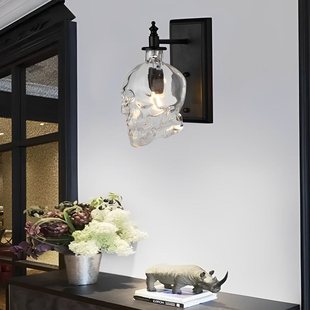 Industrial Skull Wall Sconce — Black Iron and Glass, E14, Warm White 2700–3200K