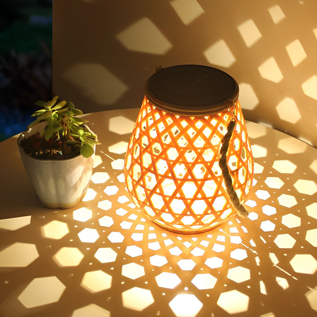 Bamboo and Rattan-Style Portable Outdoor Lantern — Plastic with Hemp Rope, Solar / USB, LED 3000K, IP44, 7.3" × 8.3"