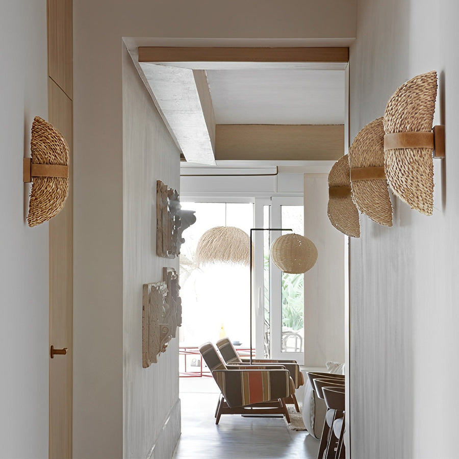 Japanese Retro Rattan Wall Sconce — Wood Base, Handwoven, Up/Down LED, G9, 3000K