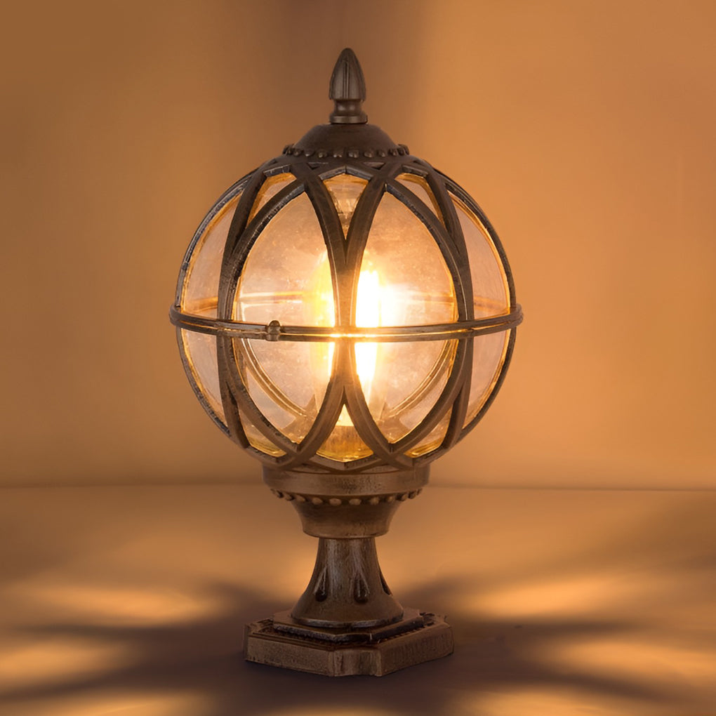 Round Glass Outdoor Post Cap Light — Aluminum, E27, Waterproof, Black or Bronze