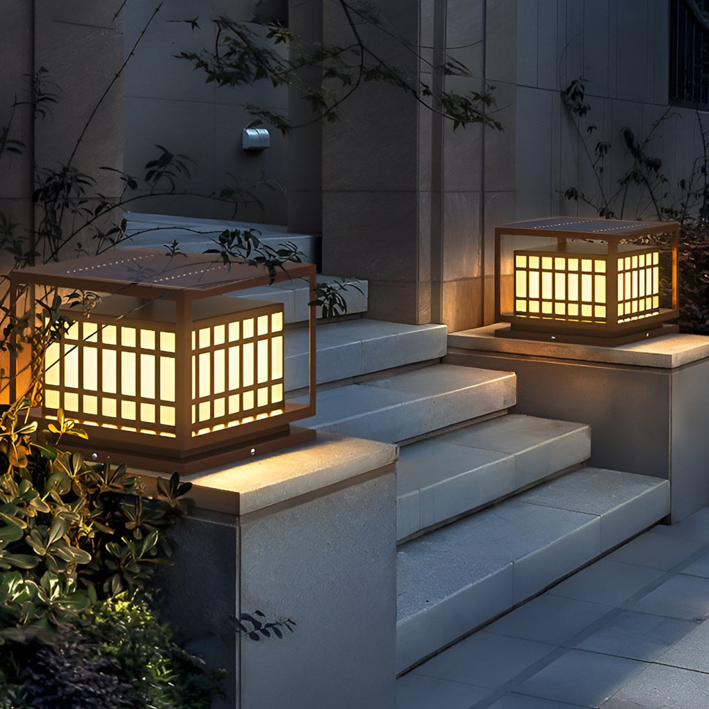 Modern Square Outdoor Pillar Light — Stainless Steel, Brown, LED, IP65 Weatherproof, 3000K Warm White