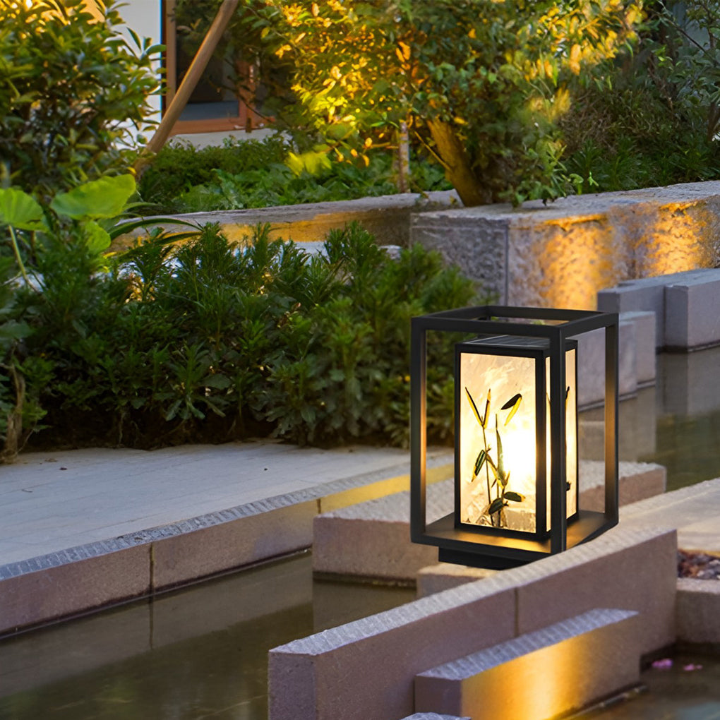 Landscape-Pattern Solar Bollard Path Light — Galvanized Steel & Hand-Painted Acrylic, E27, IP55, 12W/24W