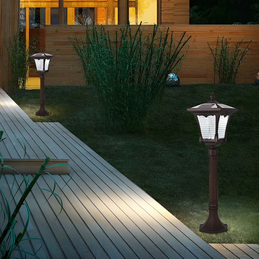 Ornate Vintage Solar LED Post Light — Coffee Gold Aluminum & Glass, Dusk-to-Dawn, IP55, 20" or 31"