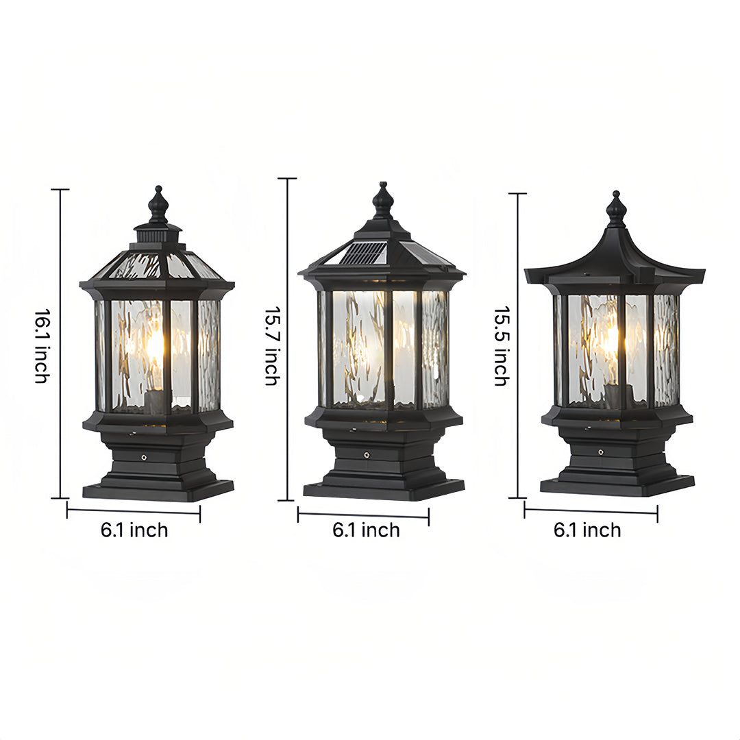 Vintage Lantern Pillar Light — Aluminum, Solar or Hardwired, IP54, 3-Step Dimming, Black or Bronze