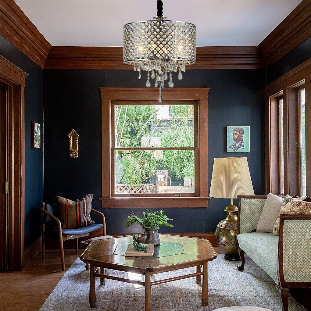 Round Iron and Crystal Chandelier — Retro, Black or Silver, E14, 16.9" Diameter