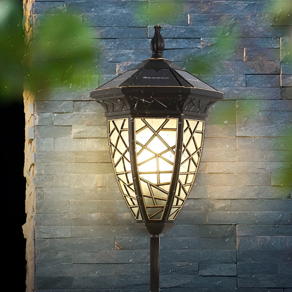 Retro-Pattern Solar Outdoor Wall Sconce — Die-Cast Aluminum, Black, IP55 Weatherproof