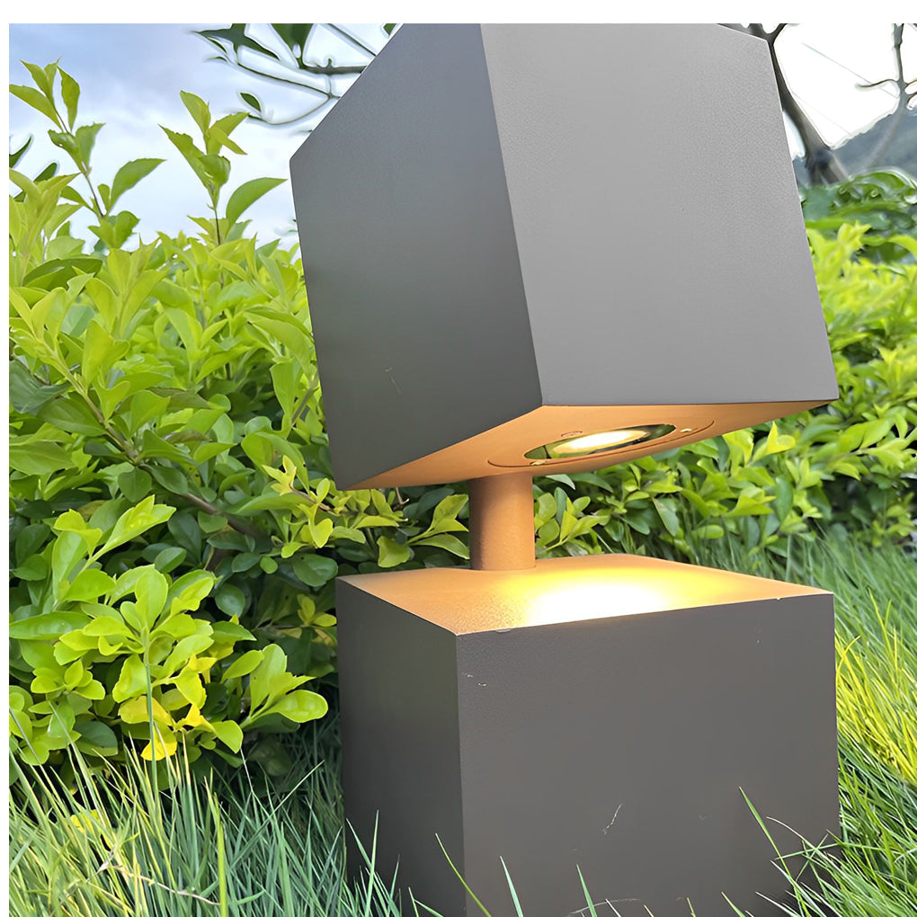Geometric Double-Cube Solar Bollard Light — Black Aluminum, LED 3000K, IP65, 14.6" or 24.2"