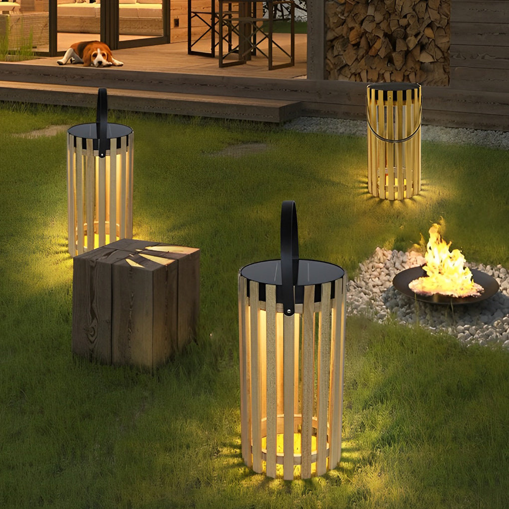 Rustic Modern Solar Portable Lantern — Wood and Aluminum, LED Warm White (3000K), Waterproof, 8" × 12"