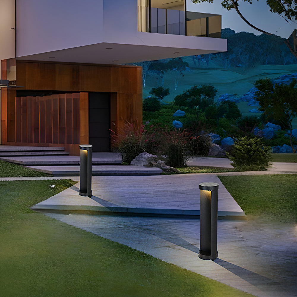 Contemporary Outdoor Cylinder Bollard Light — Aluminum and Frosted Glass, LED, Solar or Hardwired, IP65, 15W, Black
