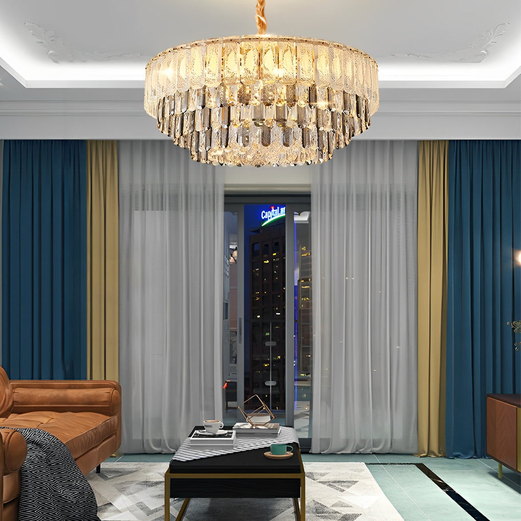 Postmodern Round Crystal Strip Chandelier — Electroplated Hardware, E14, Three-Step Dimming (3000K / 4500K / 6000K)