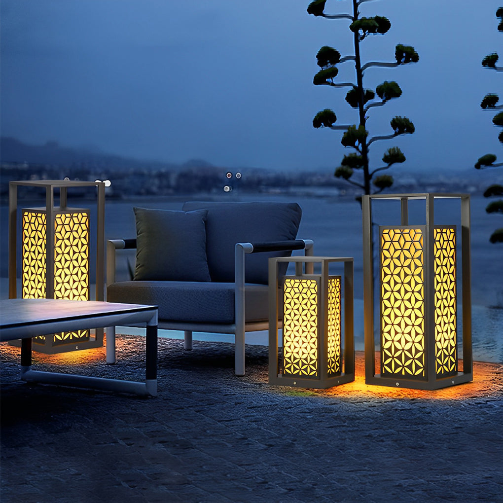 Floral Pattern Modern Bollard Path Light — Black Galvanized Steel, 10W LED, 3000K Warm White
