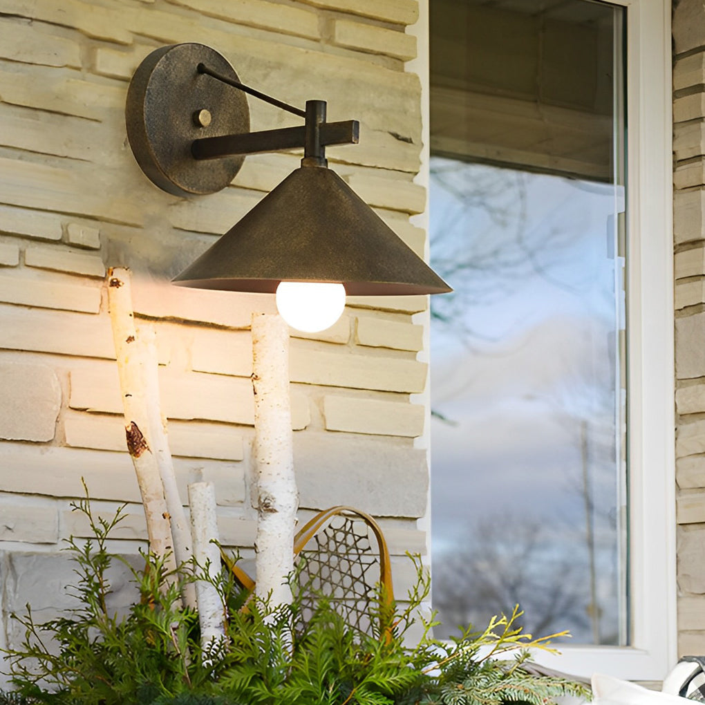 Retro Conical Outdoor Wall Sconce — Iron, Matte Black / Gold Bronze / Silver Bronze, Waterproof, 10" × 9"