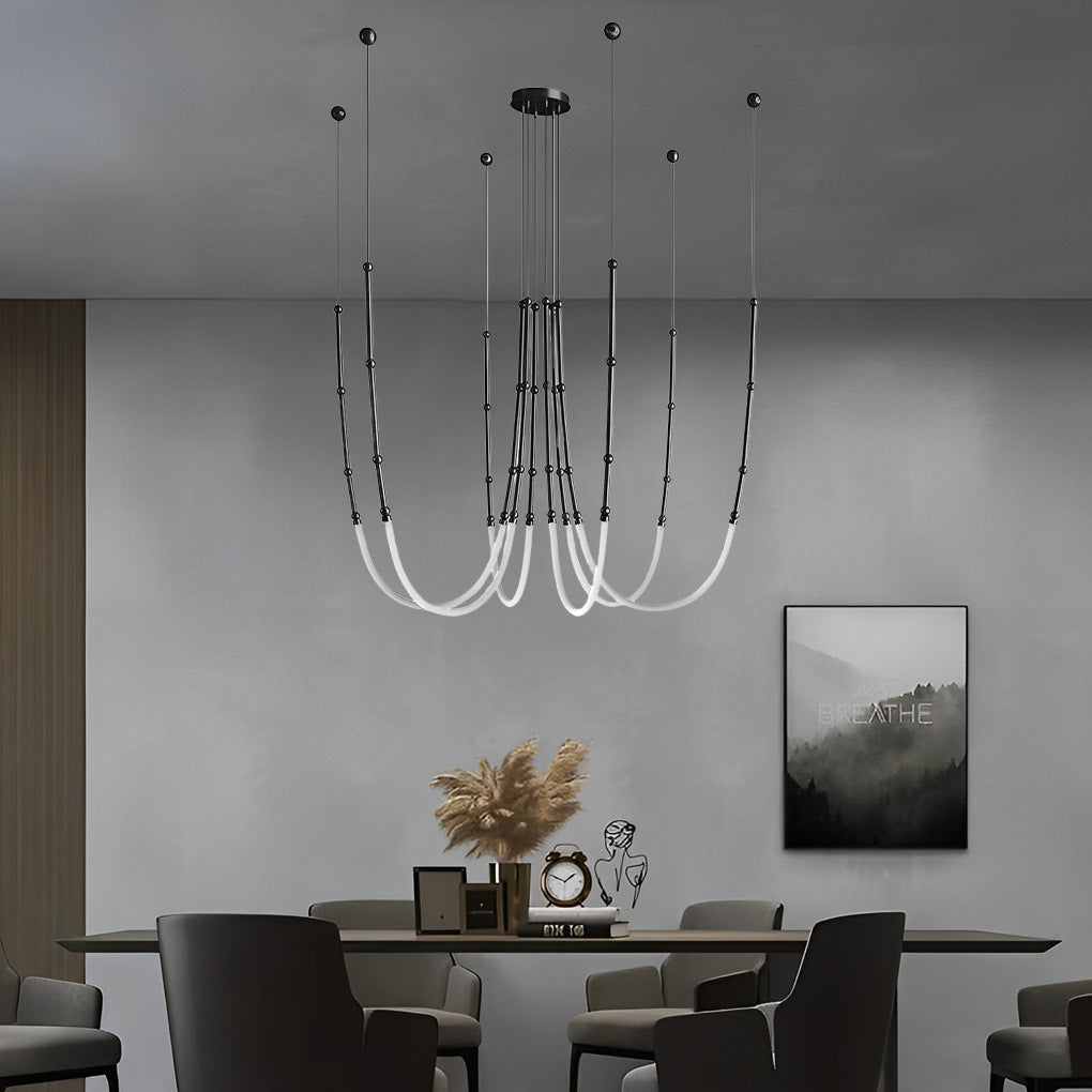 Staircase Chandelier with Bamboo Knot Design — Black Iron, LED, Adjustable 79" Wire, 1/3/6-Light