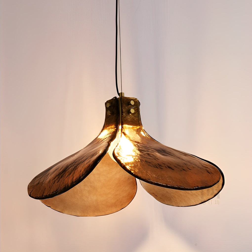Four-Petal Flower Pendant — Amber Glass, H65 Brass, Retro, 10" or 16" Diameter