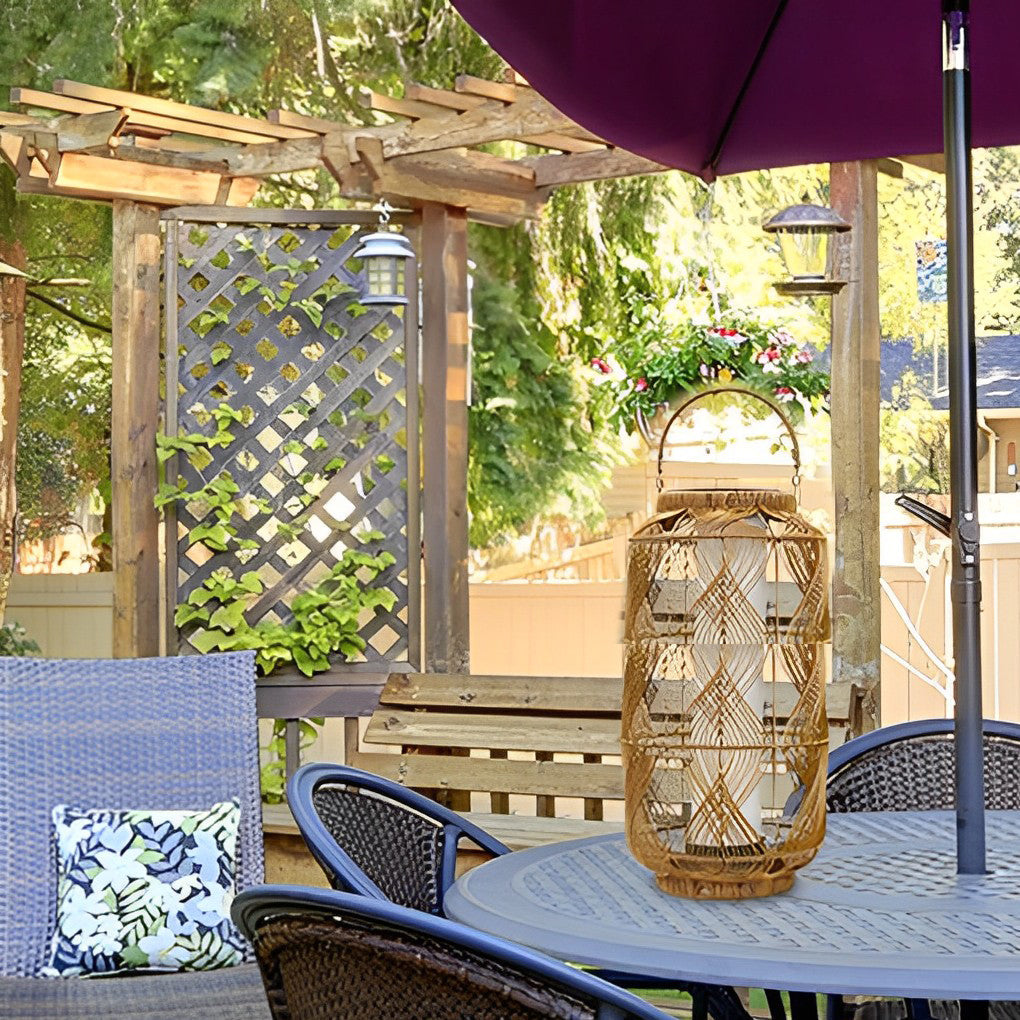 Rattan Solar Floor Lamp — PE Rattan and Iron, LED 3000K Warm White, Portable, Waterproof, 12" x 29"