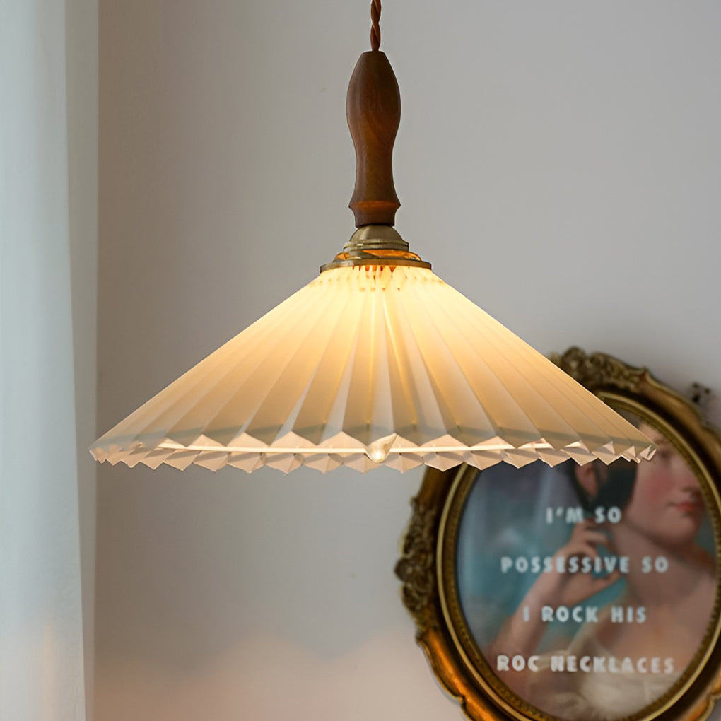 Pleated Mini Pendant or Wall Sconce — Walnut Wood and Copper, LED, 9" or 12" Diameter