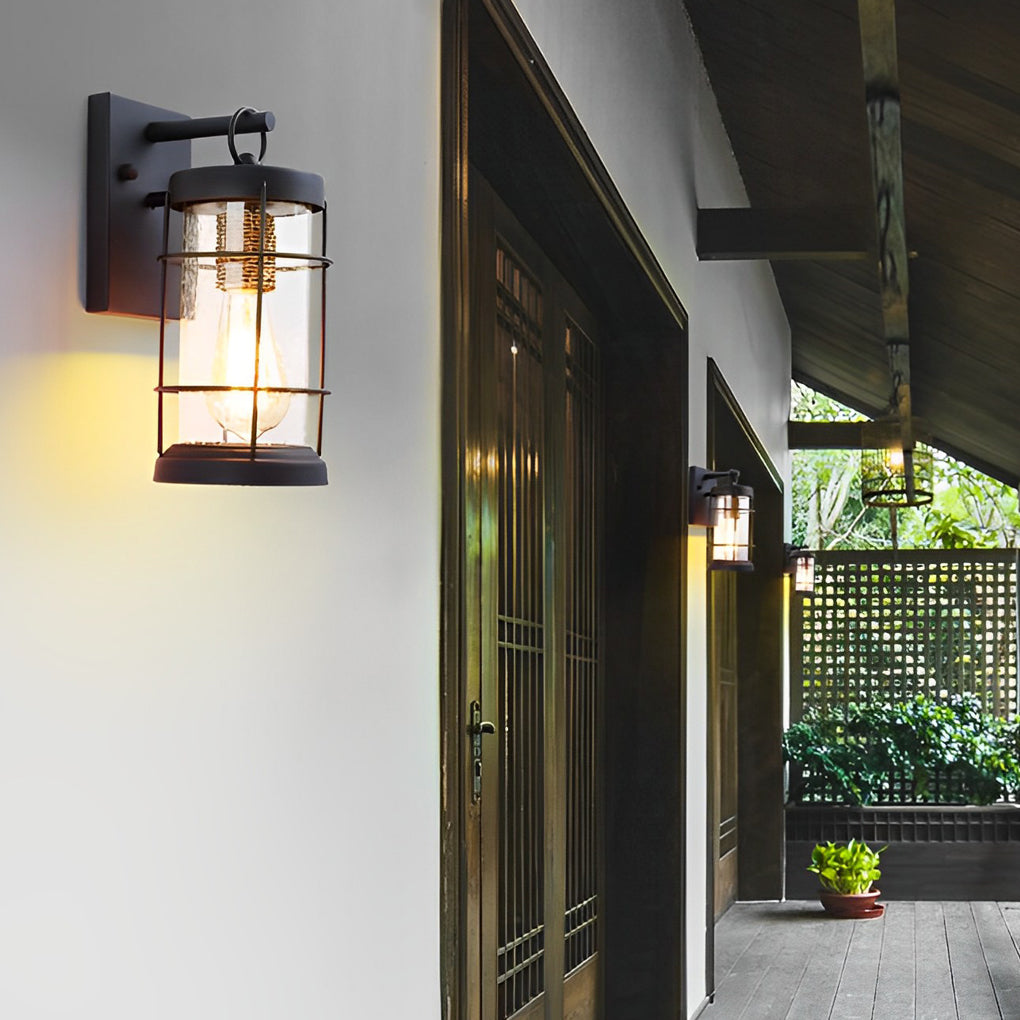 Rustic Lantern Outdoor Wall Sconce — Black Iron and Glass, E27, Waterproof, 5" × 12"