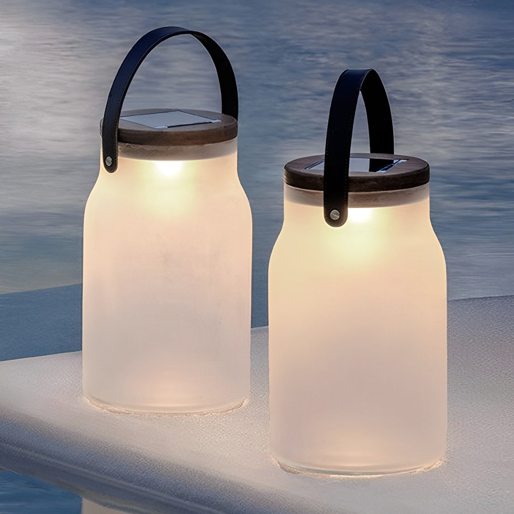 Bottle Jar Solar Portable Lantern — Glass and Teak Wood, LED Waterproof, 9" × 15", White