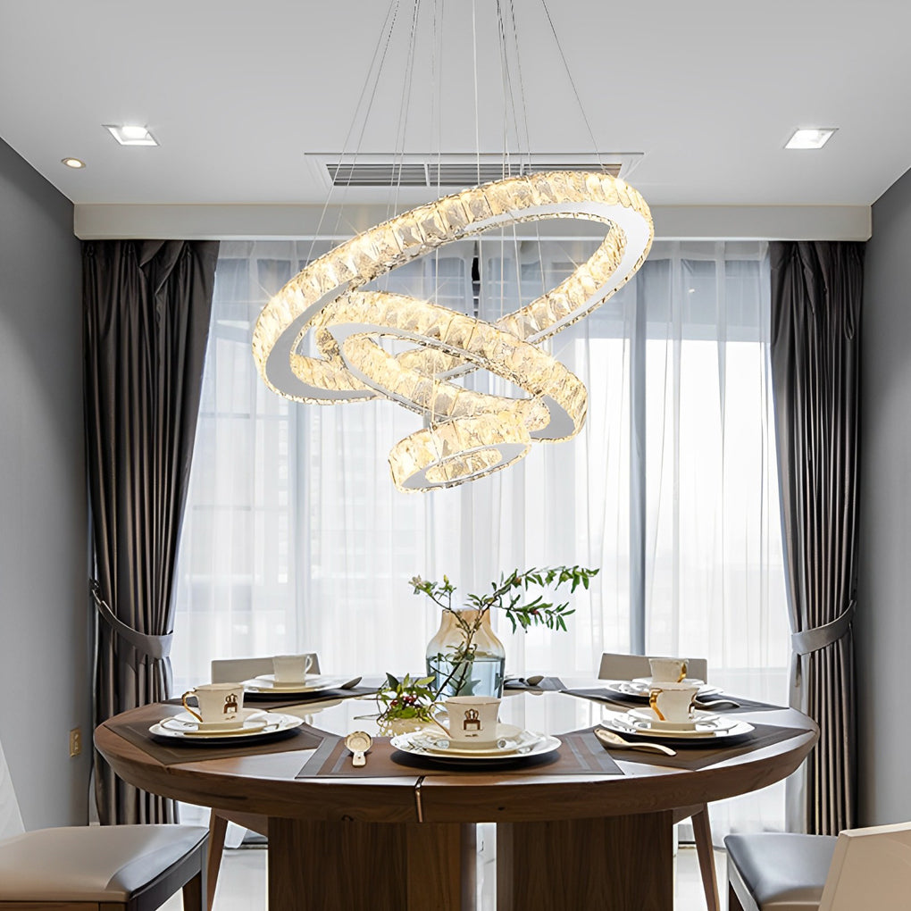 3-Tier Geometric Ring Crystal Chandelier — Chrome, LED, Dimmable, Remote Control, 11.8"+19.7"+27.6" Stacked Tiers