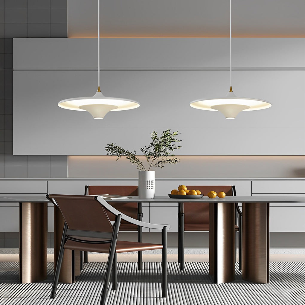 Round COB Pendant Light — Iron, 14" Diameter, Adjustable Hanging, 3000K Warm White, Black / White / Gold