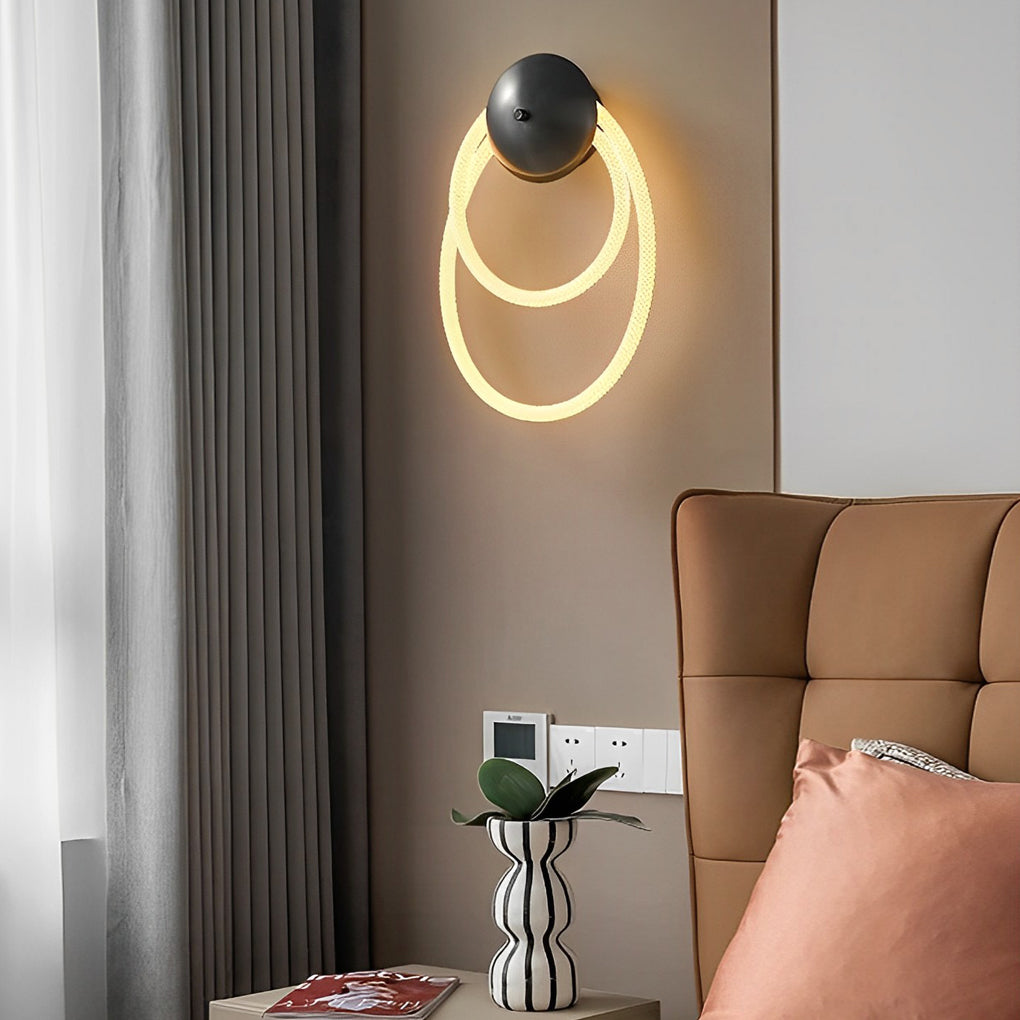 Round Handwoven Nylon Wall Sconce — Black, LED, 3000K Warm White, 1-Ring & 2-Ring Variants