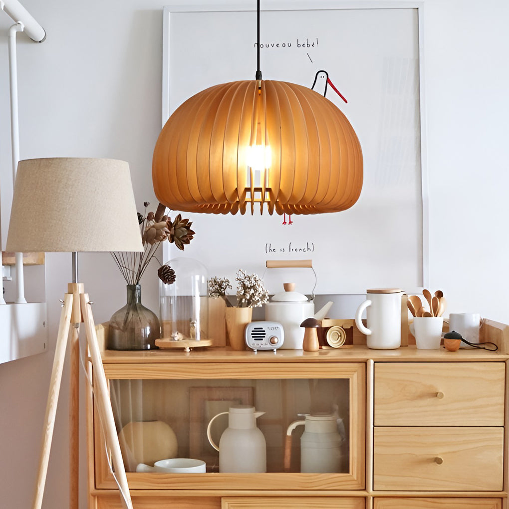 Pumpkin-Shape Pendant Light — Basswood and Copper, Retro, E27, 7" to 20" Diameter