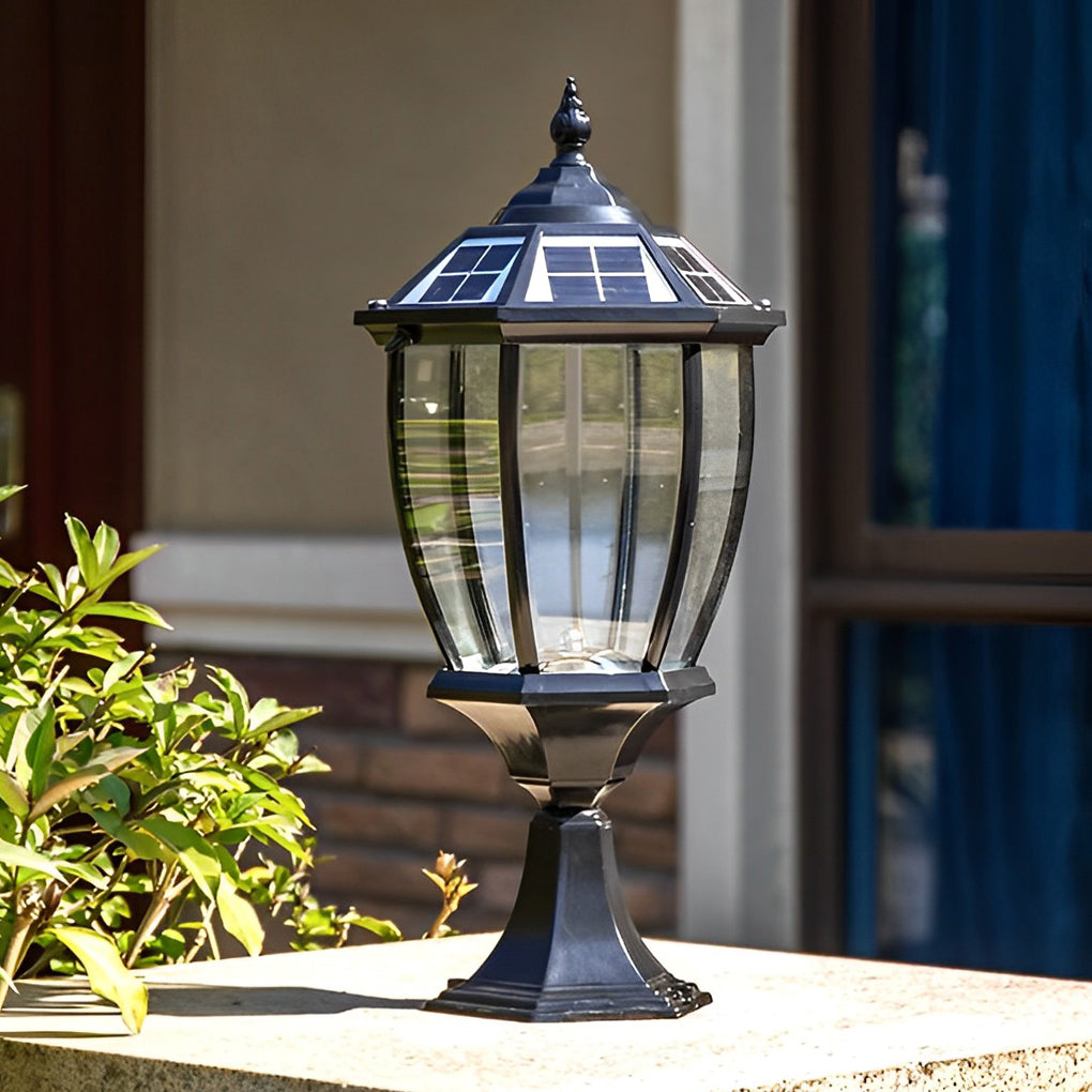Vintage Black Solar Outdoor Post Light — Die-Cast Aluminum & Glass, LED 3000K, Remote Control, 7W Panel, IP Weatherproof